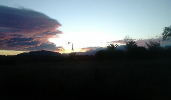 Aussenbilder vom Haus und nächster Umgebung Blick aus dem Haus zu kaufen auf Mallorca zu den Bergen mit Sonnenuntergang